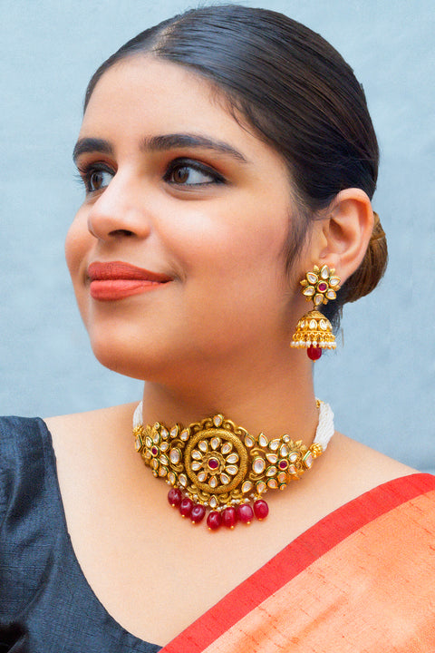 Designer Gold Plated Royal Kundan Choker Style Necklace with Earrings (D861)