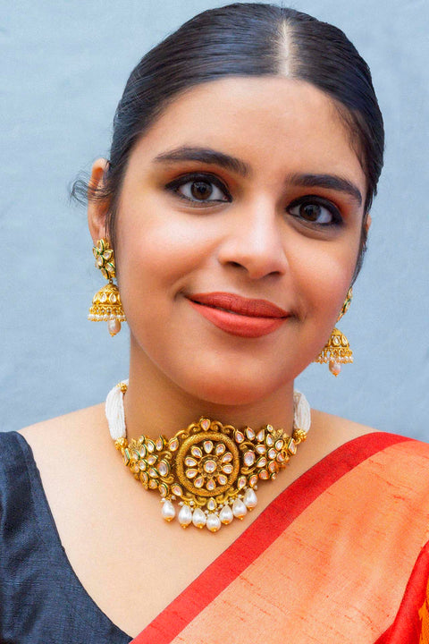 Designer Gold Plated Royal Kundan Choker Style Necklace with Earrings (D861)