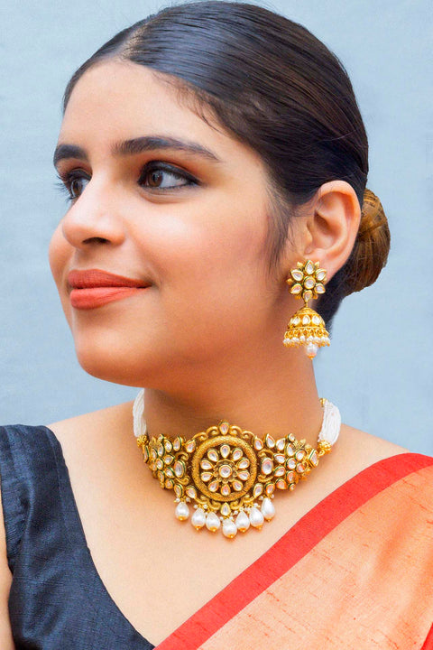 Designer Gold Plated Royal Kundan Choker Style Necklace with Earrings (D861)
