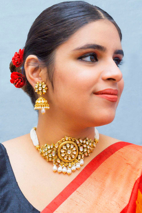 Designer Gold Plated Royal Kundan Choker Style Necklace with Earrings (D861)