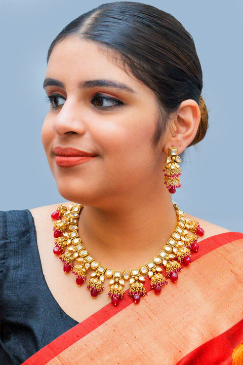 Designer Gold Plated Royal Kundan & Ruby Necklace with Earrings (D859)