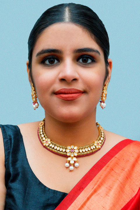 Designer Gold Plated Royal Kundan Necklace With Earrings (D866)