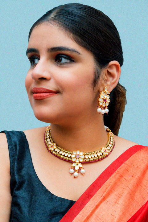 Designer Gold Plated Royal Kundan Necklace With Earrings (D866)
