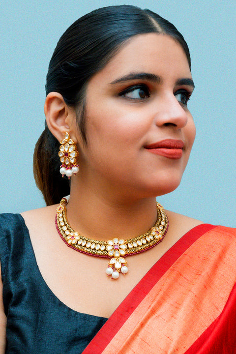 Designer Gold Plated Royal Kundan Necklace With Earrings (D866)