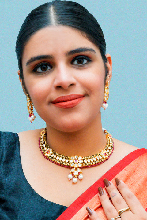 Designer Gold Plated Royal Kundan Necklace With Earrings (D866)