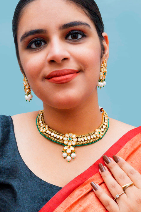 Designer Gold Plated Royal Kundan Necklace With Earrings (D866)