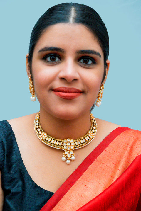 Designer Gold Plated Royal Kundan Necklace With Earrings (D866)