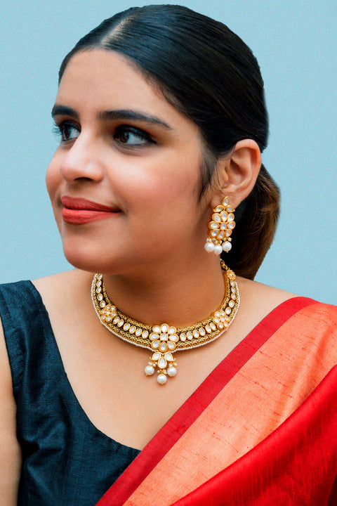 Designer Gold Plated Royal Kundan Necklace With Earrings (D866)
