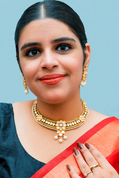 Designer Gold Plated Royal Kundan Necklace With Earrings (D866)