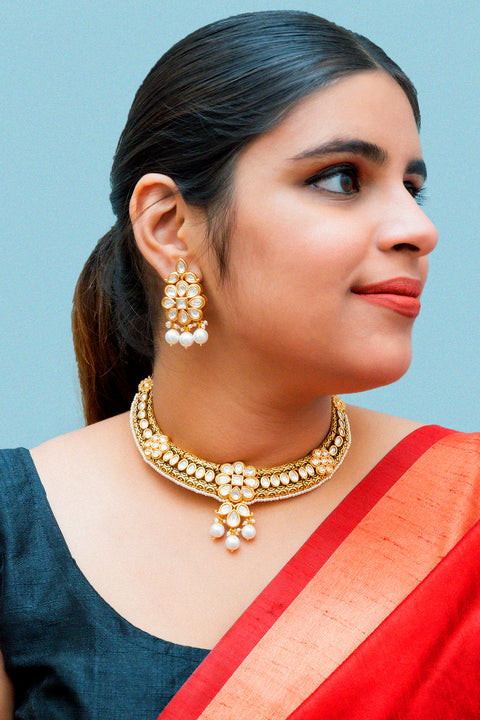 Designer Gold Plated Royal Kundan Necklace With Earrings (D866)