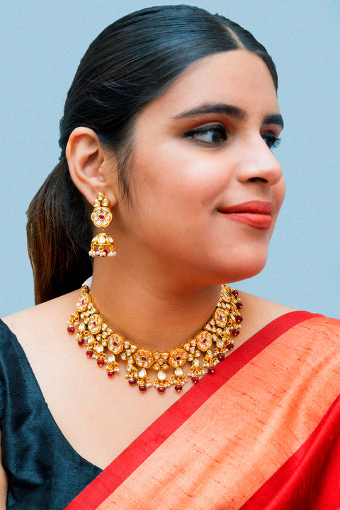 Designer Gold Plated Royal Kundan Necklace with Earrings (D864)
