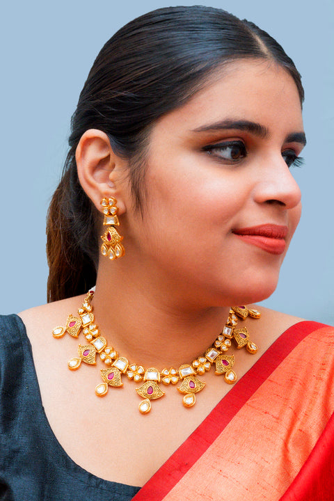 Designer Gold Plated Royal Kundan Necklace With Earrings (D868)