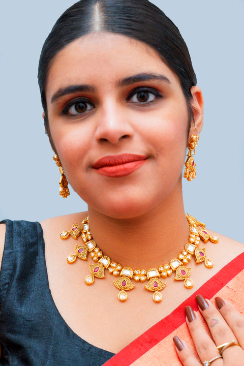 Designer Gold Plated Royal Kundan Necklace With Earrings (D868)