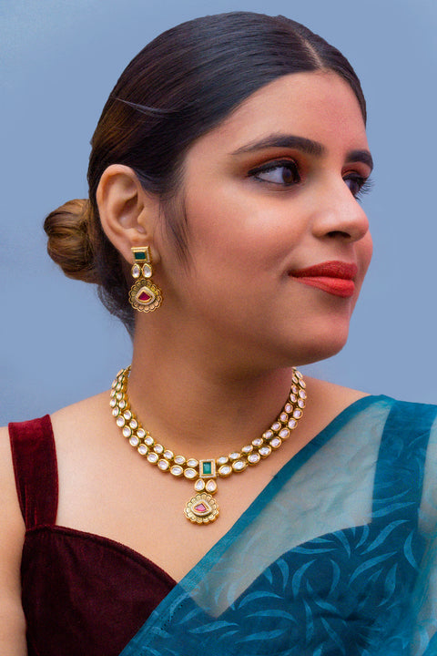 Designer Gold Plated Royal Red Green Kundan Necklace With Earrings (D846)