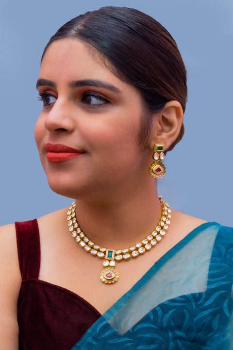 Designer Gold Plated Royal Red Green Kundan Necklace With Earrings (D846)