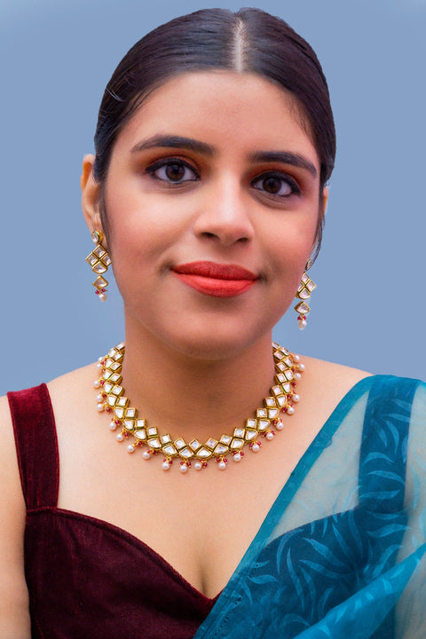 Designer Gold Plated Two Layer Royal Kundan Necklace with Earrings (D276)