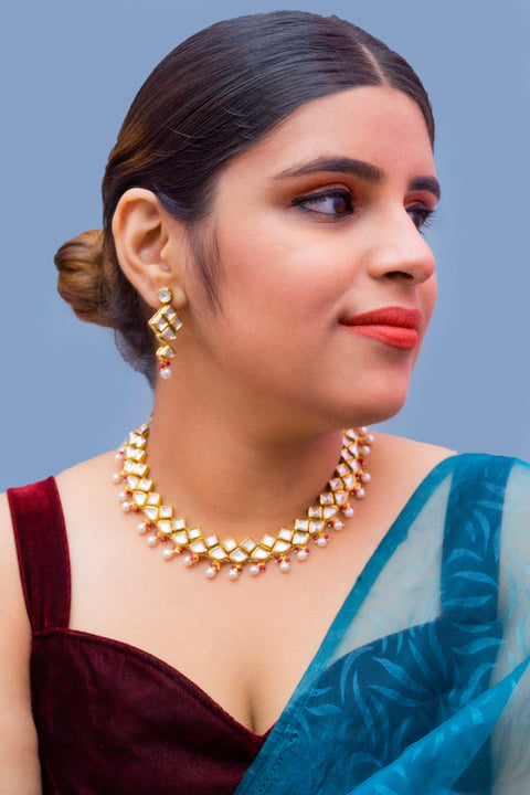 Designer Gold Plated Two Layer Royal Kundan Necklace with Earrings (D276)