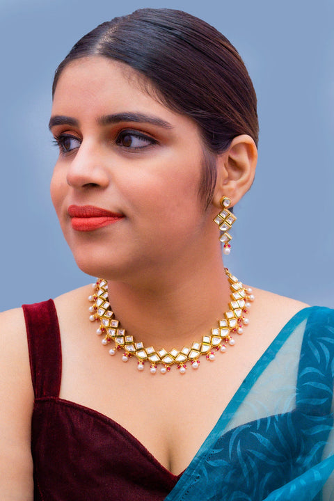 Designer Gold Plated Two Layer Royal Kundan Necklace with Earrings (D276)