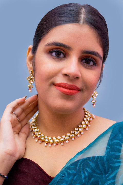 Designer Gold Plated Two Layer Royal Kundan Necklace with Earrings (D277)