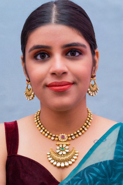 Ruby and Emerald Gold Plated Designer Kundan Necklace Set