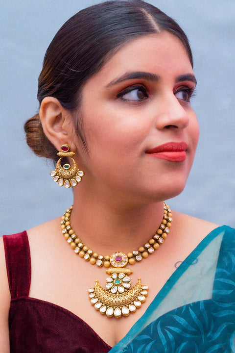 Ruby and Emerald Gold Plated Designer Kundan Necklace Set