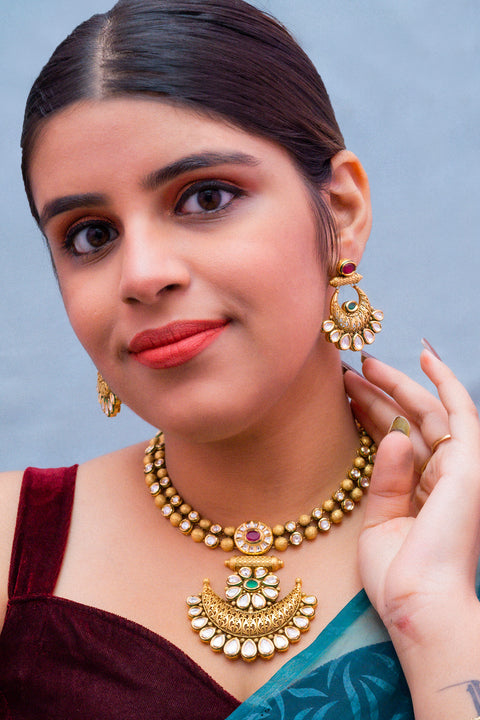 Ruby and Emerald Gold Plated Designer Kundan Necklace Set