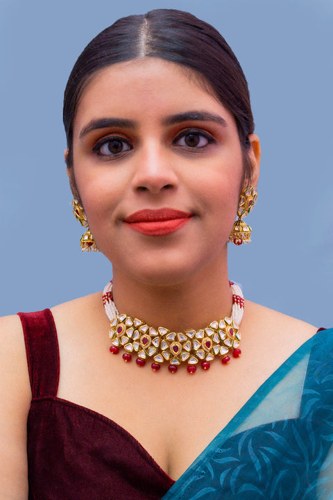 Designer Gold Plated Royal Kundan & Choker Style Necklace with Earrings (D371)