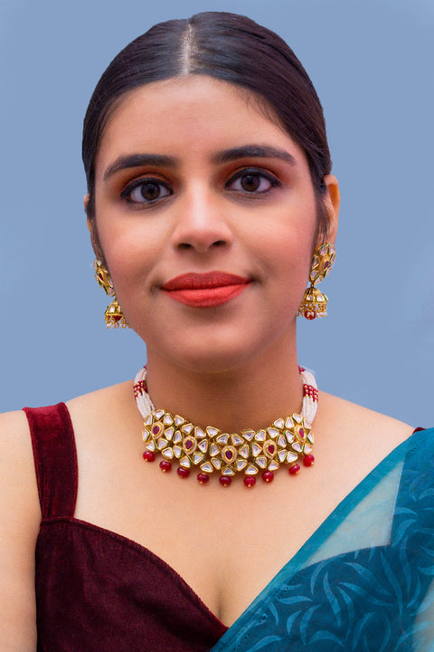 Designer Gold Plated Royal Kundan & Ruby Choker Style Necklace with Earrings (D371)