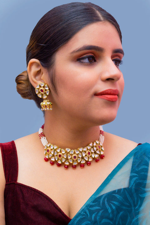 Designer Gold Plated Royal Kundan & Choker Style Necklace with Earrings (D371)