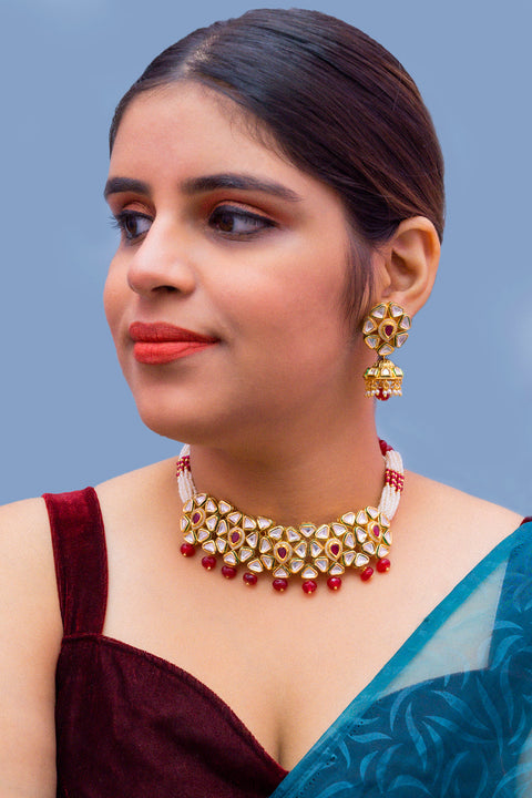 Designer Gold Plated Royal Kundan & Choker Style Necklace with Earrings (D371)