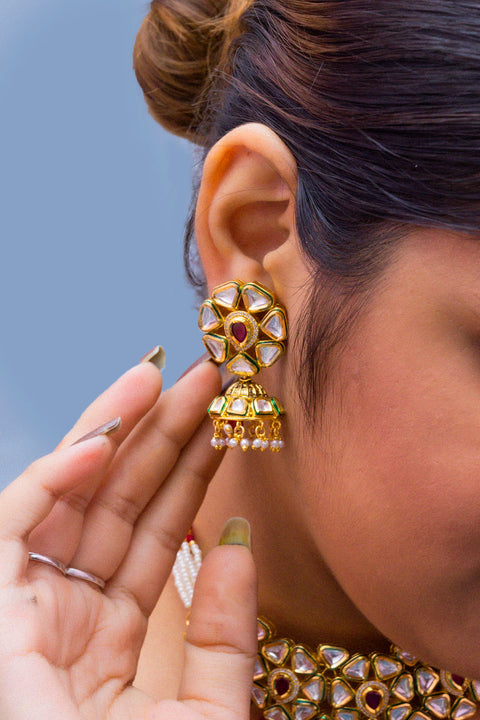 Designer Gold Plated Royal Kundan & Choker Style Necklace with Earrings (D371)