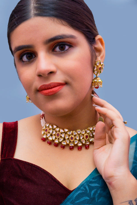 Designer Gold Plated Royal Kundan & Ruby Choker Style Necklace with Earrings (D371)