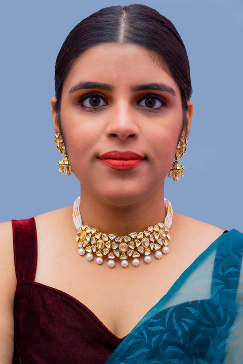 Designer Gold Plated Royal Kundan Choker Style Necklace with Earrings (D370)