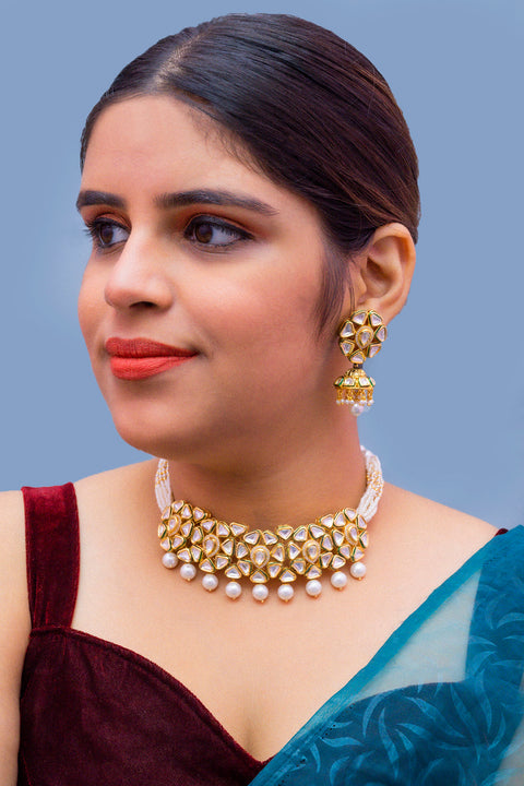 Designer Gold Plated Royal Kundan Choker Style Necklace with Earrings (D370)