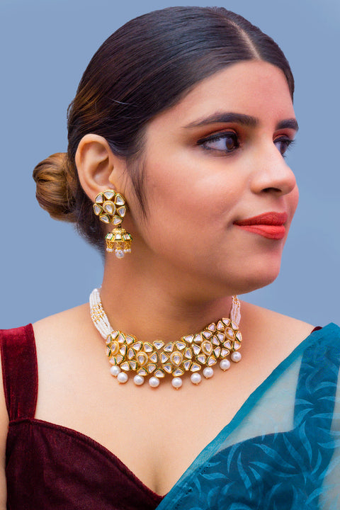 Designer Gold Plated Royal Kundan Choker Style Necklace with Earrings (D370)