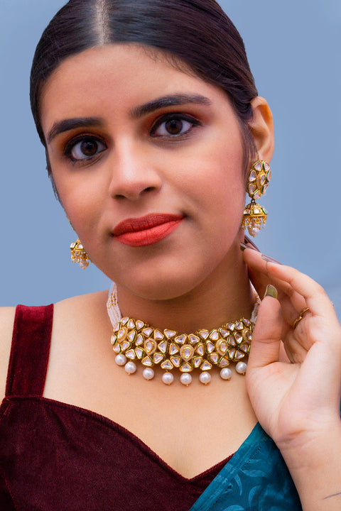 Designer Gold Plated Royal Kundan Choker Style Necklace with Earrings (D370)