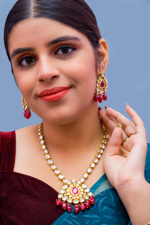 Designer White Kundan & Green Beads Long Necklace with Earrings (D192)