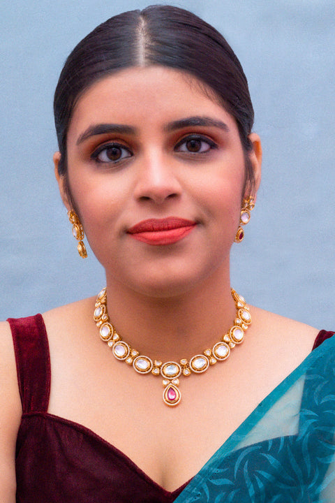 Designer Gold Plated Royal Kundan Necklace with Earrings (D404)