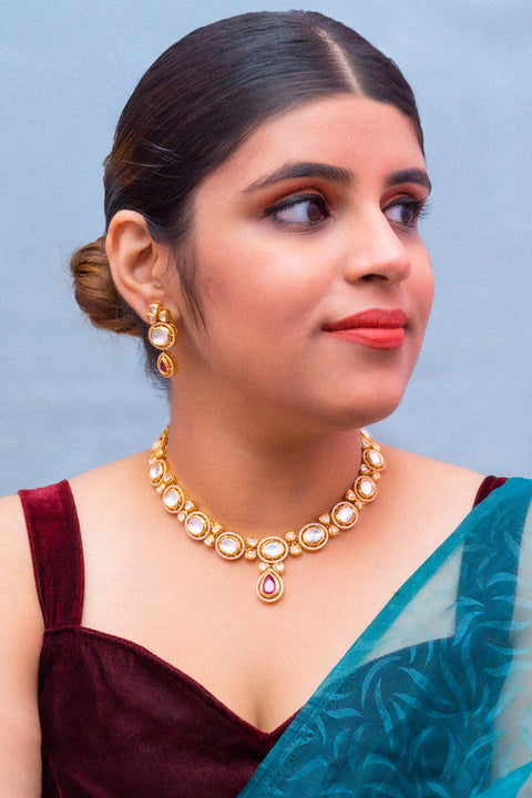 Designer Gold Plated Royal Kundan Necklace with Earrings (D404)