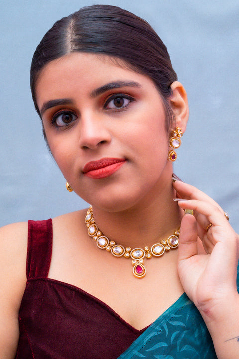 Designer Gold Plated Royal Kundan Necklace with Earrings (D404)
