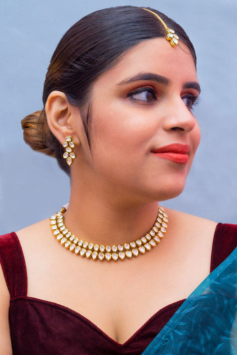 Designer Gold Plated Royal Kundan Necklace with Earrings (D365)