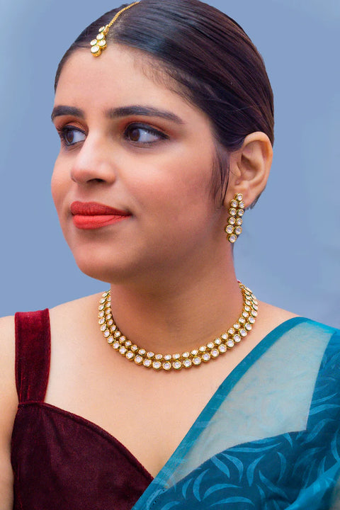 Gold Plated Circular Kundan Design Necklace Set (D949)