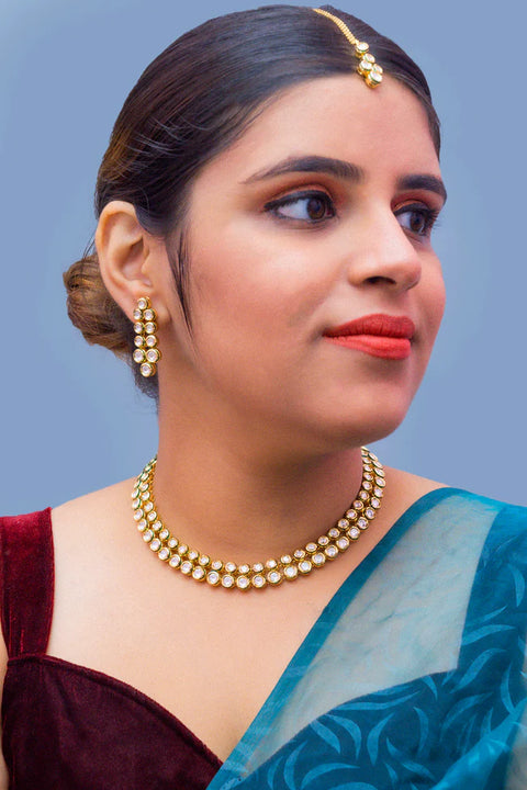 Gold Plated Circular Kundan Design Necklace Set (D949)