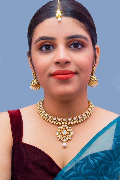 Designer Gold Plated Royal Kundan Necklace with Earrings (D234)