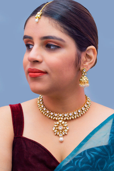 Designer Gold Plated Royal Kundan Necklace with Earrings (D234)