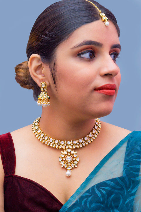 Designer Gold Plated Two Layer Royal Kundan Necklace with Earrings (D235)