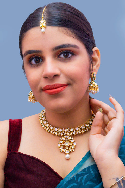 Designer Gold Plated Royal Kundan Necklace with Earrings (D234)