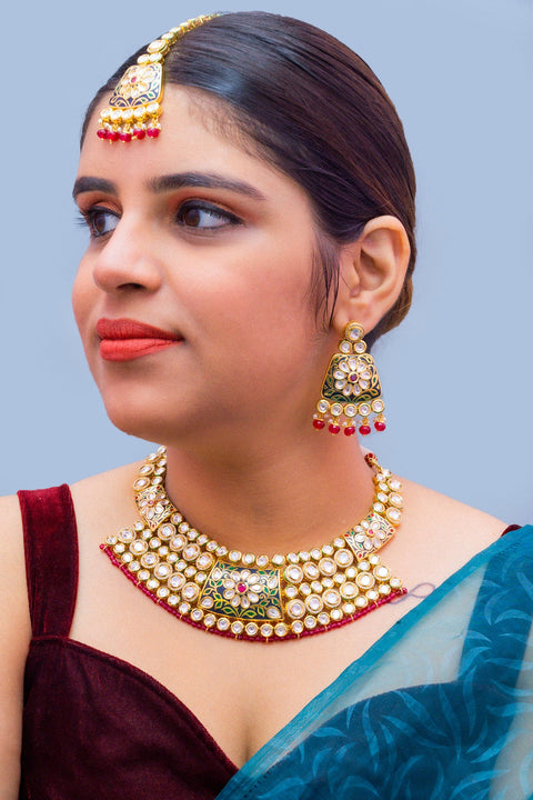 Designer Multi Layer Royal Kundan with Enamel Print Necklace with Earrings (D301)
