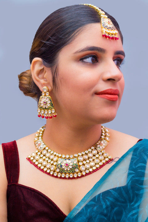 Designer Multi Layer Royal Kundan with Enamel Print Necklace with Earrings (D301)