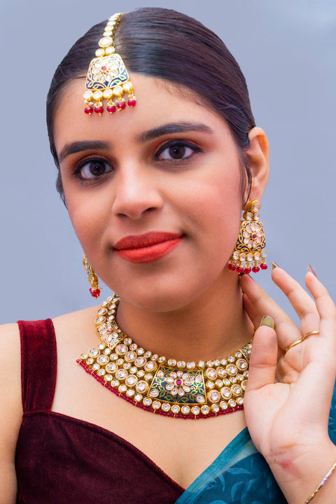 Designer Multi Layer Royal Kundan with Green Enamel Print Necklace with Earrings (D302)
